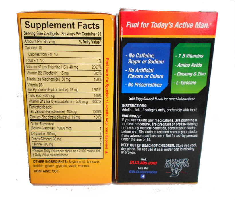 Super Macho Dietary Supplement with Seven B Vitamins, Amino Acids, Ginseng & Zinc